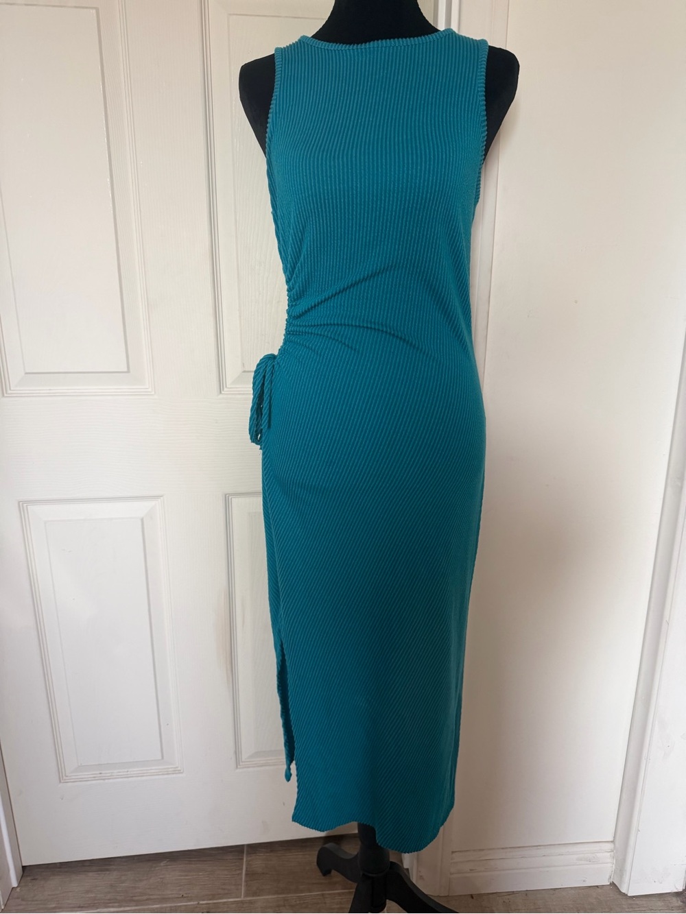 Sleeveless Teal Ribbed Midi Dress with Side Tie